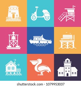 Travel Seaside Icon Set. Summer Sea Resort Outline Icons With Typical Sea Town Or Fishing Village Elements. Including Scooter, Boat, Pelican, Lighthouse, Guard Tower, Pier And More.