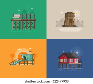 Travel seaside landscapes set with different sea coast scenes. Summer beach backgrounds with lighthouse, lifeguard tower, wooden jetty pier and fisherman house. Summer holidays concept illustrations.