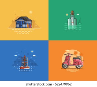 Travel seaside landscapes set with different sea coast scenes. Summer beach backgrounds with beach hut, message bottle, marine beacon and scooter by sunset. Summer holidays concept illustrations.