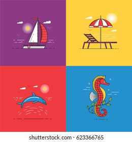 Travel seaside landscapes set with different sea coast scenes. White boat, beach umbrella and chair, blue dolphin, seahorse. Summer holidays concept illustrations.