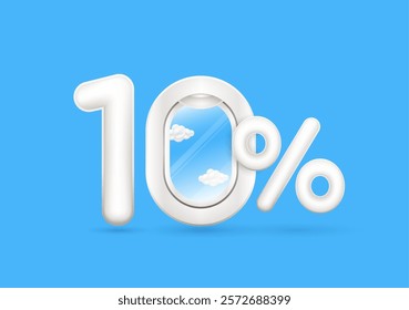 Travel season promotion up to 10 off. Number one and cloud in airplane window with the percent symbol is in front on a blue background. For design tourism advertising media. 3D Vector.