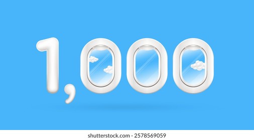 Travel season promotion. Up to 1,000. Number one and cloud in airplane window on a blue background. For design tourism advertising media. 3D Vector.