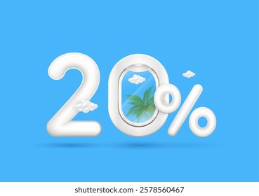 Travel season promotion up to 20 off. Number two and coconut tree cloud in airplane window with the percent symbol front on a blue background. For design tourism advertising media. 3D Vector.