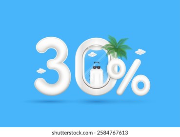 Travel season promotion up to 30 off. Number three airplane window luggage bag inside with the percent symbol coconut tree front on a blue background. For design tourism advertising media. 3D Vector.
