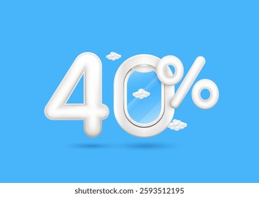 Travel season promotion up to 40 off. Number four airplane window with the percent symbol front on a blue background. For design tourism advertising media. 3D Vector.