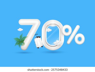 Travel season promotion up to 70 off. Luggage bag number seven and airplane window with the percent symbol front on a blue background. For design tourism advertising media. 3D Vector.