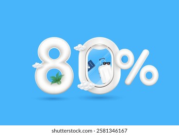 Travel season promotion up to 80 off. Passport, luggage bag in airplane window with the percent symbol front. Number eight on a blue background. For design tourism advertising media. 3D Vector.