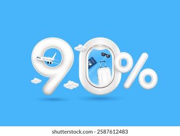 Travel season promotion up to 90 off. Passport, luggage bag in plane window with percent symbol front. Airplane floats out of number nine on a blue background. For design tourism ads media. 3D Vector.