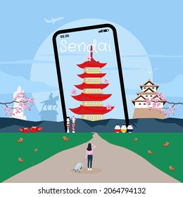 Travel to Sendai concept, Japan world-famous landmarks in mobile frame and a woman travel to destination with luggage. Flat style vector illustration.