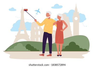 Travel senior couple vector illustration. Cartoon elderly family tourist characters traveling, happy active old travellers grandparents enjoying tour in Europe, tourism activity isolated on white
