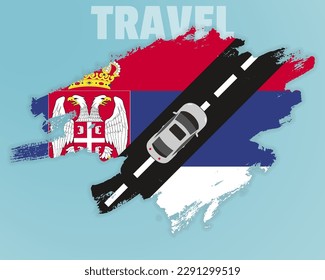 Travel to Serbia by car, going holiday idea, vacation and travel banner concept, car on the road with Serbia flag, international car travel, automobile going on a way, top view