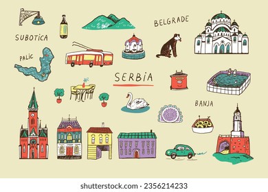 Travel Serbia landmarks vector illustrations doodle set.