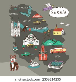 Travel Serbia landmarks vector illustrations map doodle set.