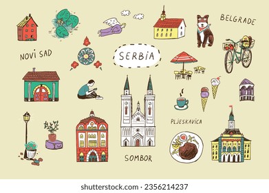 Travel Serbia landmarks vector illustrations doodle set.