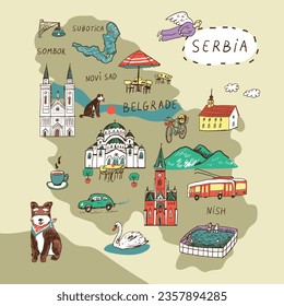 Travel Serbia landmarks vector illustrations map doodle set.