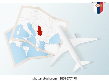 Travel to Serbia, top view airplane with map and flag of Serbia. Travel and tourism banner design.