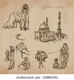 Travel series: AFGHANISTAN (set no.1) -Collection of an hand drawn vector illustrations. Each drawing comprise three layers of lines, the colored background is isolated. Editable in layers and groups.