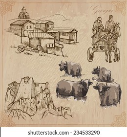 Travel series: GEORGIA (set no.3)  - Collection of an hand drawn vector illustrations. Each drawing comprise three layers of lines, the colored background is isolated. Editable in layers and groups.