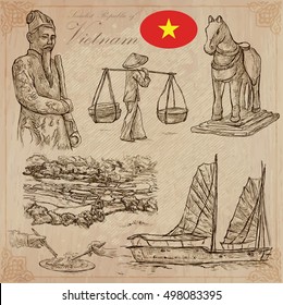 Travel series, VIETNAM. Socialist Republic of Vietnam. Pictures of Life. Vector collection of an hand drawn illustrations, set. Pack of hand drawn illustrations, sketches.