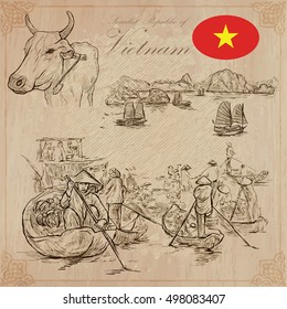 Travel series, VIETNAM. Socialist Republic of Vietnam. Pictures of Life. Vector collection of an hand drawn illustrations, set. Pack of hand drawn illustrations, sketches.