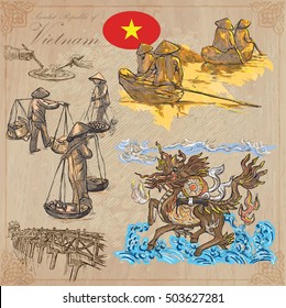 Travel series, VIETNAM. Socialist Republic of Vietnam. Pictures of Life. Colored vector collection of an hand drawn illustrations. Line art set. Pack of hand drawn colored illustrations. Sketches.