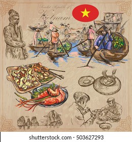Travel series, VIETNAM. Socialist Republic of Vietnam. Pictures of Life. Colored vector collection of an hand drawn illustrations. Line art set. Pack of hand drawn colored illustrations. Sketches.