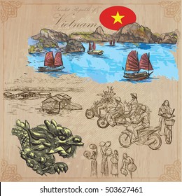 Travel series, VIETNAM. Socialist Republic of Vietnam. Pictures of Life. Colored vector collection of an hand drawn illustrations. Line art set. Pack of hand drawn colored illustrations. Sketches.