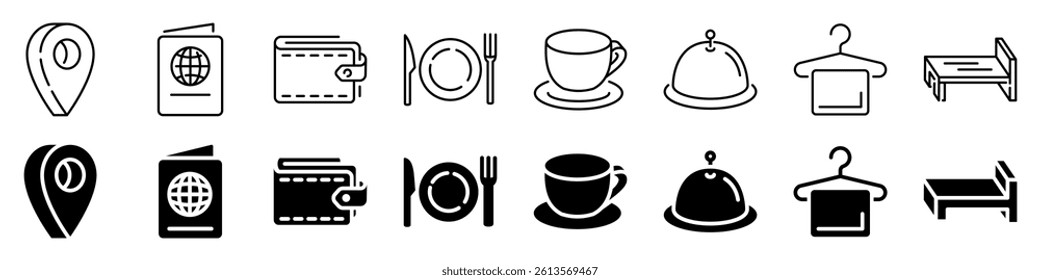 Travel service and hospitality icon set. Linear and silhouette style.
