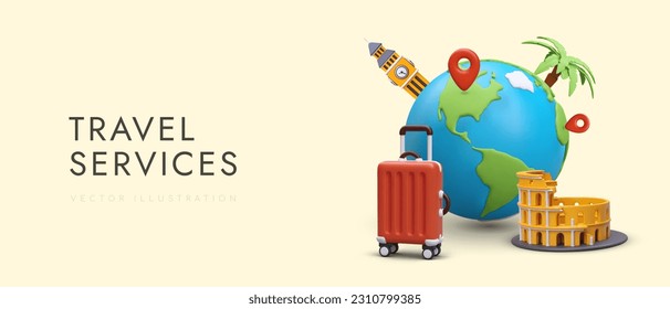 Travel service from leading operator. Classic tours to world monuments, non standard excursions, new programs. Vacations on tropical resorts. Bright banner on colored background. 3D illustration