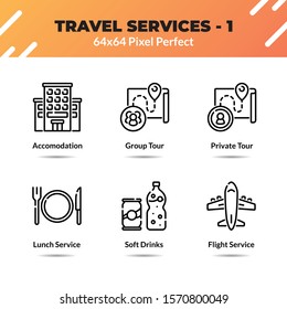 Travel service line icon set vector. Contains such icon as accomodation, group tour, private tour, lunch service, soft drinks, flight service. Editable stroke pixel perfect