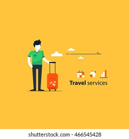 Travel Services Concept, Traveler At The Airport, Summer Holiday, Vacation Arrangements, Passenger With Baggage Waiting Flight. Flat Design Illustration