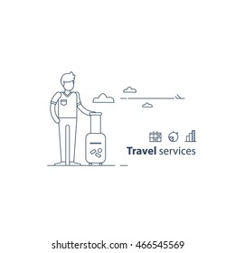 Travel services concept, traveler at the airport, summer holiday, vacation arrangements, passenger with baggage waiting flight. Flat design illustration