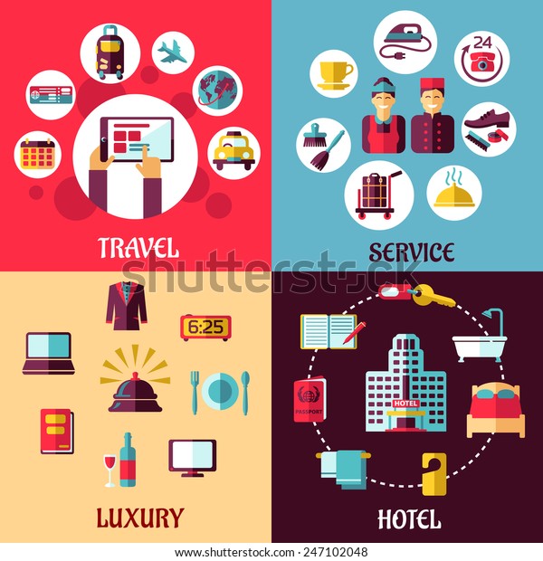 Travel Services Flat Concept Icons Depicting Stock