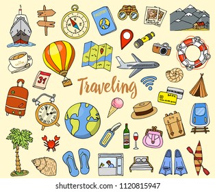 Travel set, adventure or business trip. elements doodle hand drawn, engraved vector. planning summer vacation. journey objects and passenger luggage. sketches collection. map and plane and mountains.