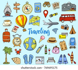 Travel set, adventure or business trip. elements doodle hand drawn, engraved vector. planning summer vacation. journey objects and passenger luggage. sketches collection. map and plane and mountains.