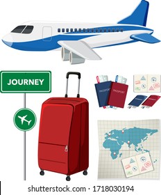 Travel set with airplane and other items on white background illustration