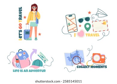 Travel set of badge, label design with lettering
