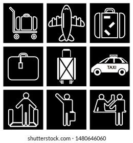 Travel. Set of black and white signs.
Flat images on the theme of leisure-movement, bags, interaction.
