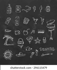 Travel set. Chalk drawing. Vector illustration.