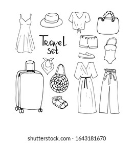 Travel set of clothes for girl. Outline illustration. Dress, pants, shorts, shirt, handbag, sandals, moccasins, swimsuit, sundress. Travel look 