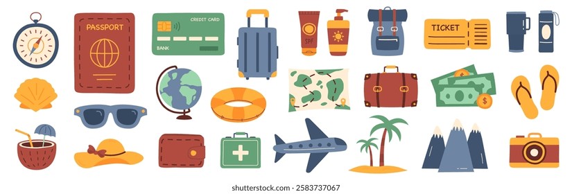 Travel set. Collection for tourism and adventure. Vector illustration