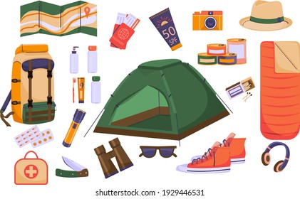 Travel set of colorful images in cartoon style. maptickets sunscreen hat Toothbrush canned food sleeping bag first aid kit matches knife binoculars sneakers. Vector illustration