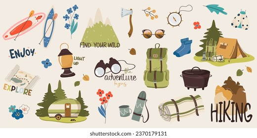 Travel set of colorful images in cartoon style. Outing camping equipment. Hiking gear, adventure trip, rucksack, tent, tourism, compass, vacation set.