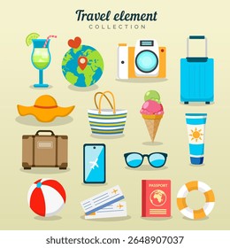 Reiseset. Reisekonzept. Satz von Reiseobjekten, isoliertes Design. Handgezeichnetes Element, flache Abbildung.
