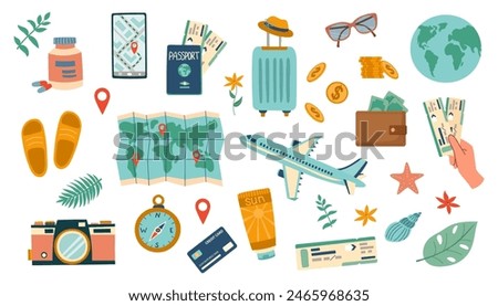 Travel set. Travel concept. Set of travel objects isolated on white. Hand drawn flat illustration.