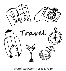 Travel set in doodle style. Elements are isolated on a white background and arranged in a circle. Map, camera, compass, cocktail and a suitcase. Stock vector illustration.