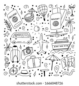 Travel set in doodle style. Elements are isolated on a white background. Stock vector illustration.