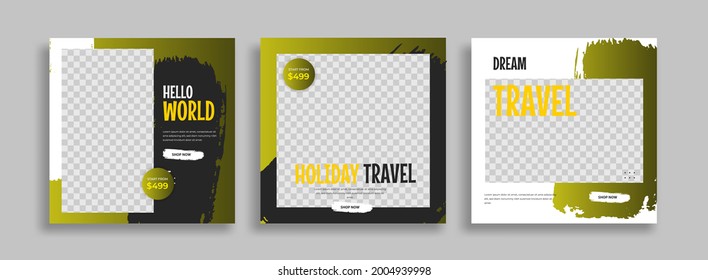 Travel Set of Editable minimal square banner template. Green yellow black background color with geometric shapes for social media post, story and web internet ads. Vector illustration