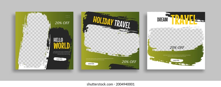 Travel Set of Editable minimal square banner template. Green yellow black background color with geometric shapes for social media post, story and web internet ads. Vector illustration