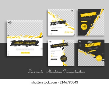 Travel Set von Editable minimale quadratische Banner-Vorlage. Grüngelbe, weiße Hintergrundfarbe mit geometrischen Formen für Social-Media-Post, Story- und Web-Werbung. Vektorgrafik